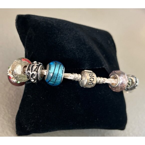 Pandora White Leather Charm Bracelet  Multicolor Beads Silver Dangling Accent - Picture 6 of 8